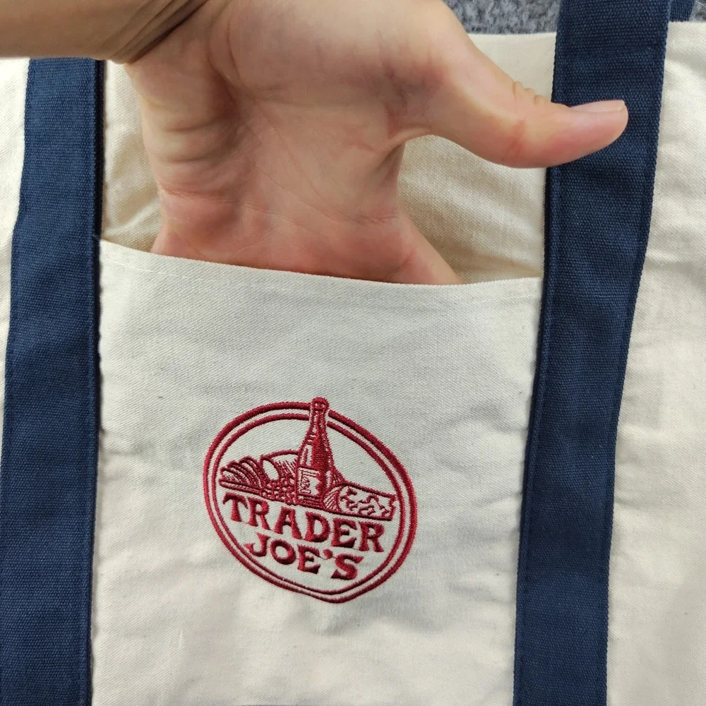 Trader Joe's Canvas Tote Bag Navy Blue Cream Embroidered Logo Reusable Grocery